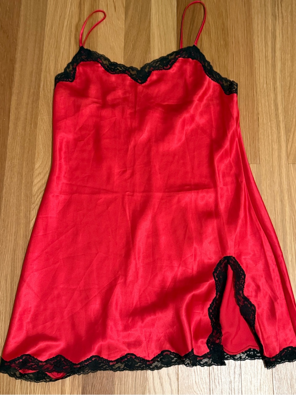 Victoria's Secret Red Satin Chemise with Black Lace